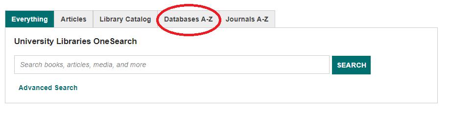 Screenshot of OneSearch page highlighting the Databases A-Z tab