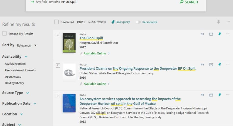 Screenshot of OneSearch results with filter options on the page